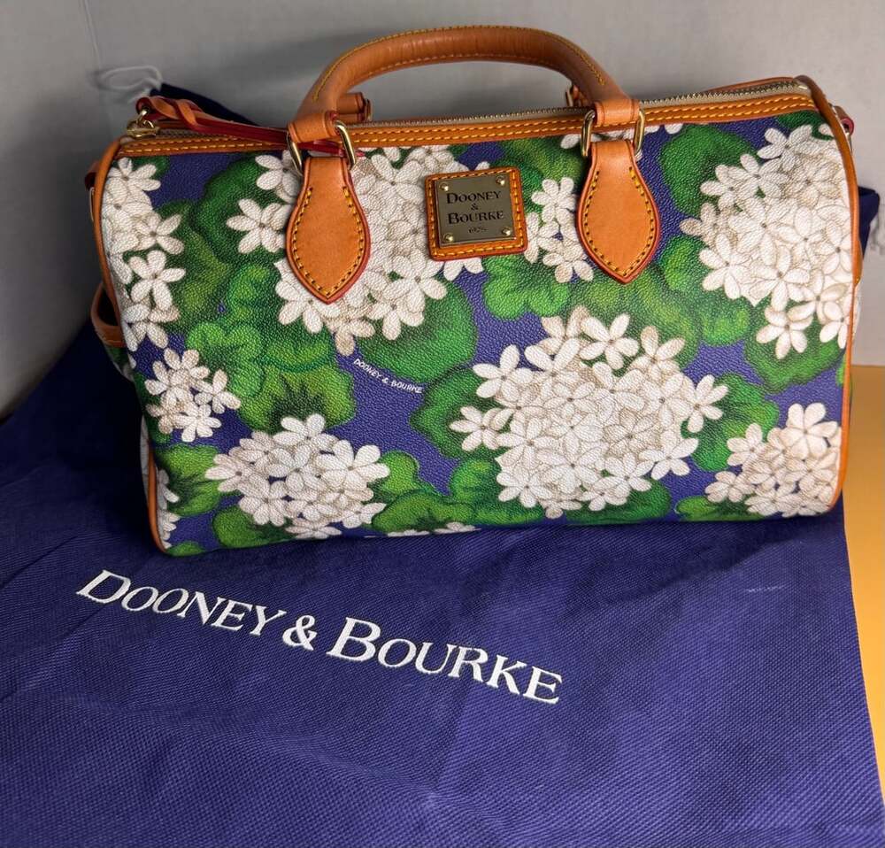 Dooney & Bourke Hydrangea Barrel Satchel Blue Green Floral Leather Bag